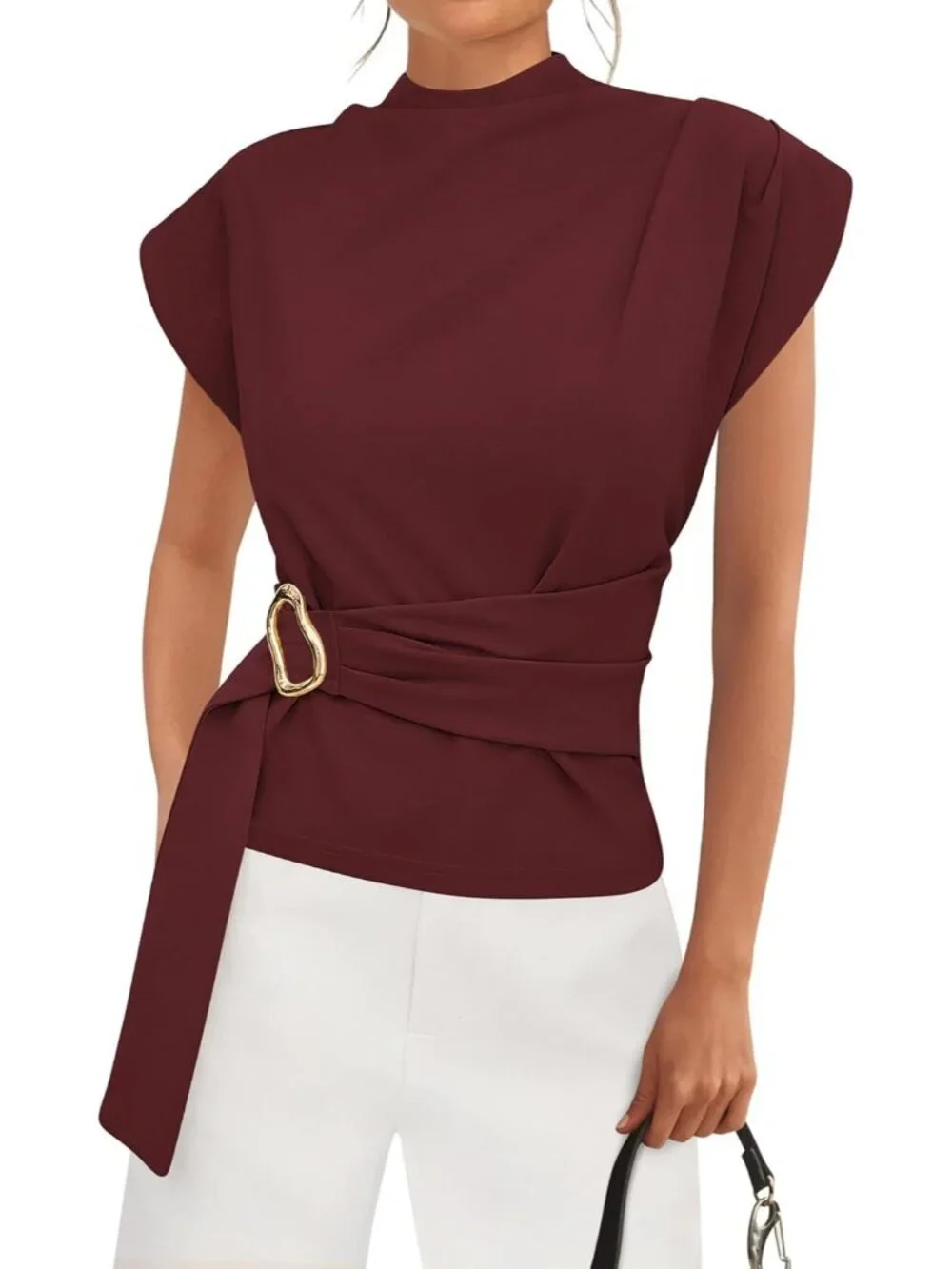 Women's Dark Wine Red Sleeve Mock Neck Buckle Belted Tunic Top Blouse T-Shirt - Picture 1 of 6